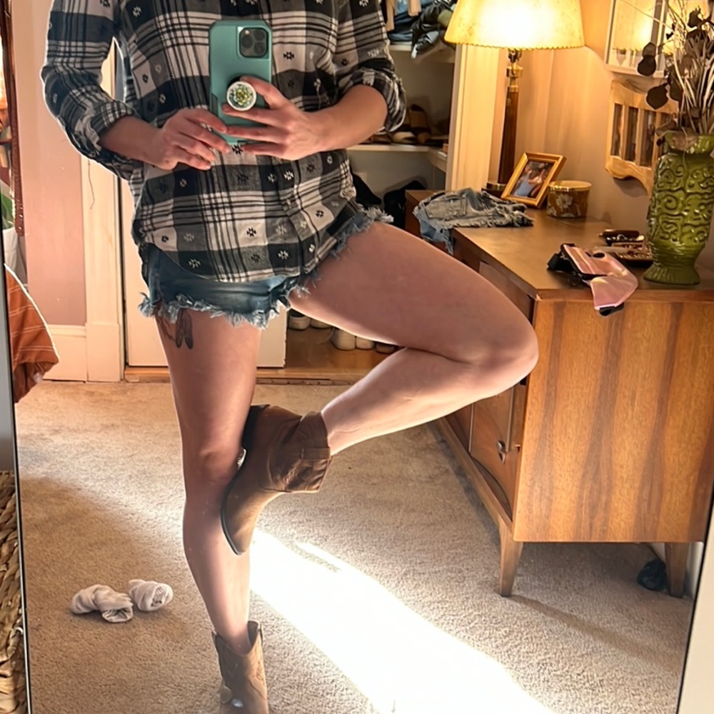 Plaid Button-Up Shirt with Denim Shorts